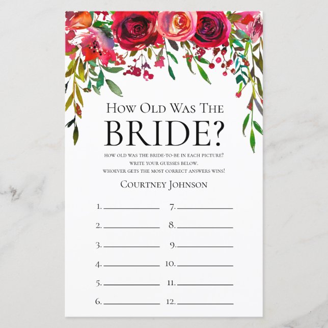 Burgundy Roses Bridal Shower Game (Front)