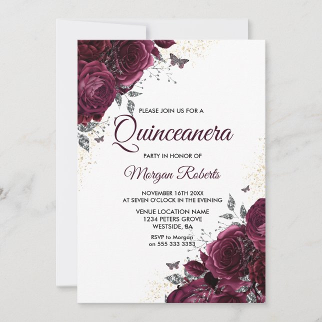 Burgundy Roses Butterflies Quinceanera Party Invitation (Front)