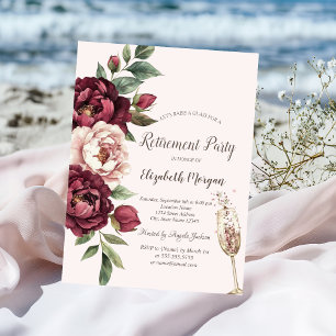 Burgundy Roses,Champagne Glass Retirement Invitation