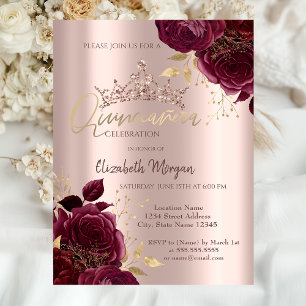 Burgundy Roses Chic Rose Gold Quinceañera Invitation