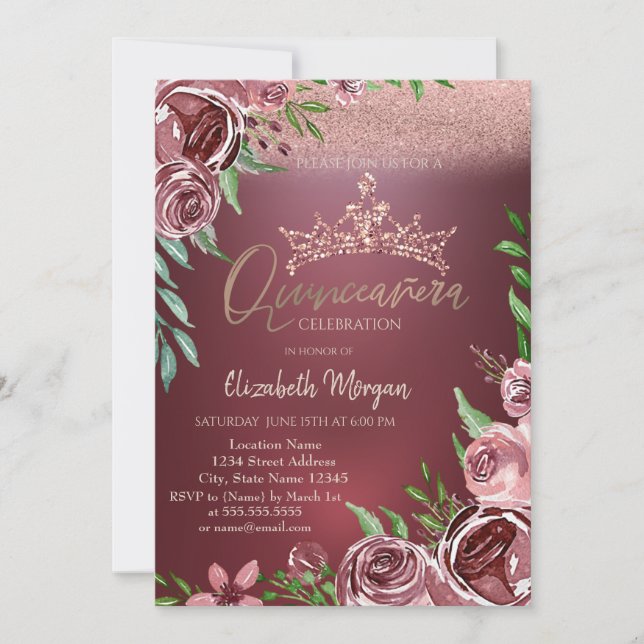 Burgundy Roses,Crown Bokeh Quinceañera  Invitation (Front)