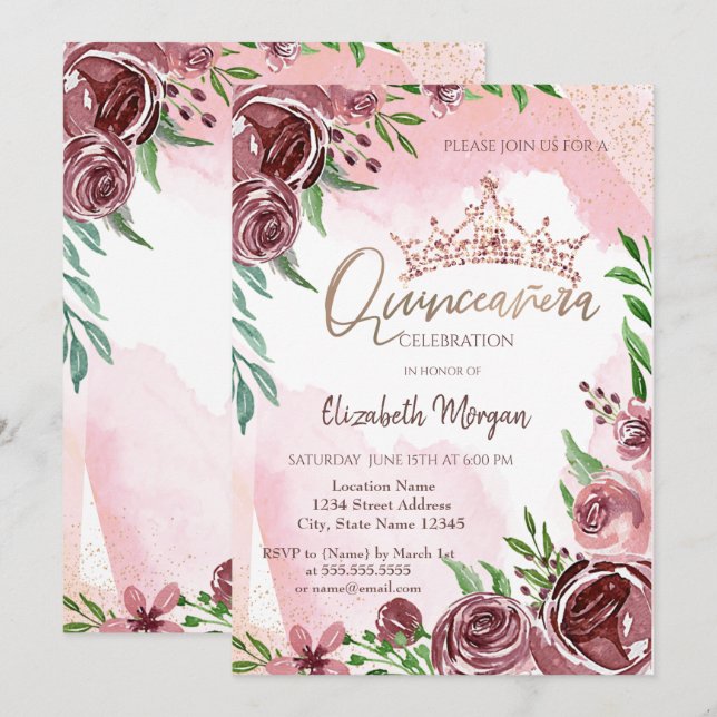 Burgundy Roses Crown Quinceañera  Invitation (Front/Back)