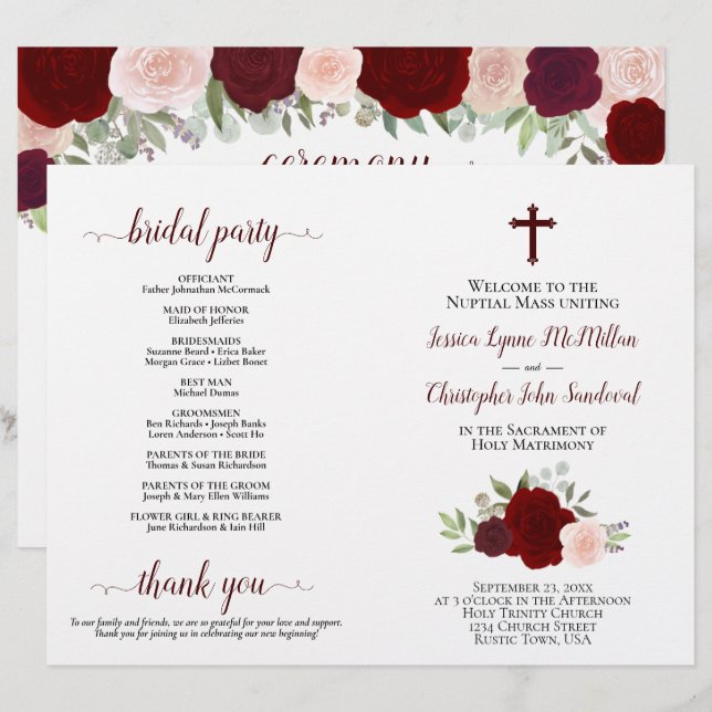 Burgundy Roses DIY Fold Catholic Wedding Program (Front/Back)