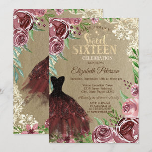 Burgundy Roses, Dress,Lights,Lace Sweet 16 Party Invitation