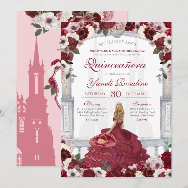 Burgundy Roses Elegant Charro Princess Quinceanera Invitation (Front/Back)