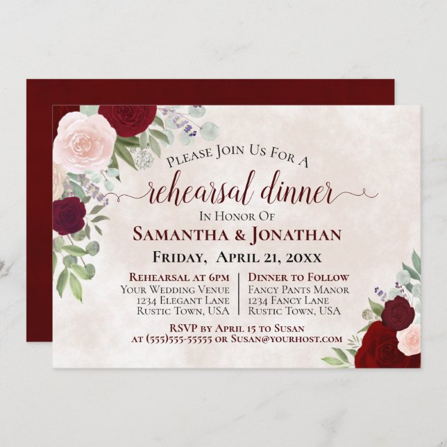 Burgundy Roses Elegant Wedding Rehearsal Dinner Invitation (Front/Back)