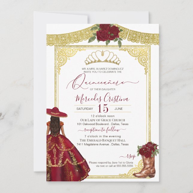 Burgundy Roses Elegant Western Charro Quinceanera Invitation (Front)