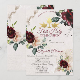 Burgundy Roses First Holy Communion  Invitation