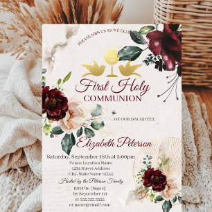 Burgundy Roses First Holy Communion  Invitation