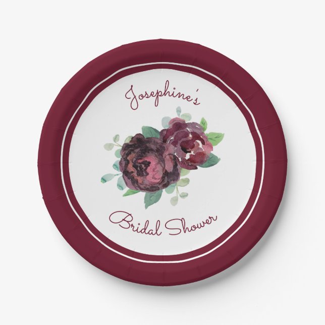 Burgundy Roses Floral Bridal Shower Paper Plate (Front)