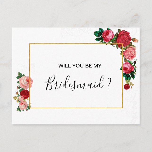 Burgundy Roses Floral Garland BRIDESMAID Invitation Postcard (Front)