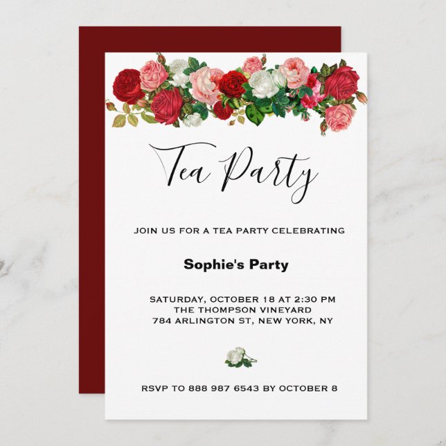 Burgundy Roses Floral Garland Flower Tea Party Invitation (Front/Back)