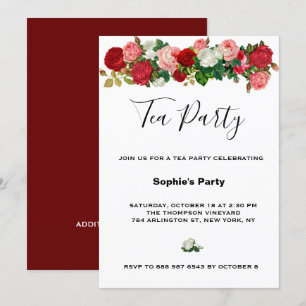 Burgundy Roses Floral Garland Flower Tea Party Invitation