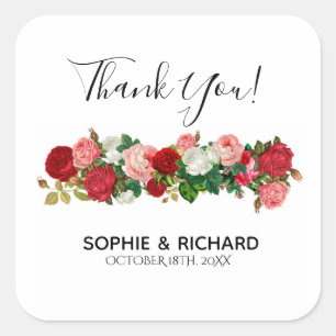BURGUNDY ROSES FLORAL GARLAND FLOWER THANK YOU SQUARE STICKER