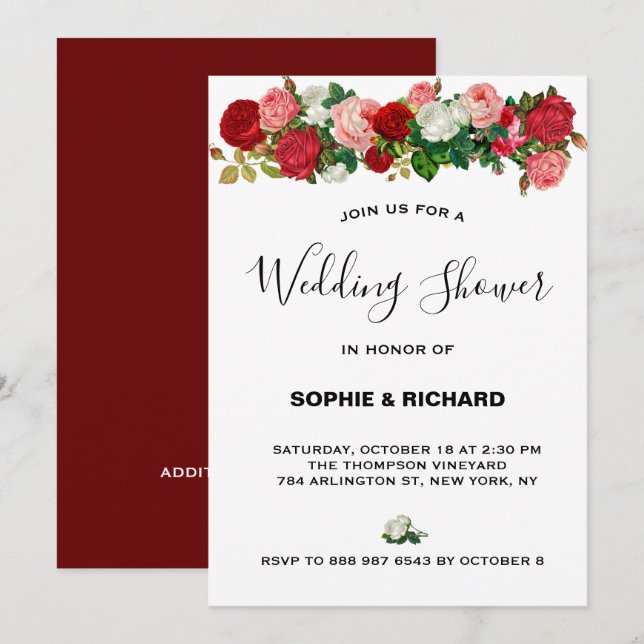 BURGUNDY ROSES FLORAL GARLAND FLOWER WEDDING SHOWE INVITATION (Front/Back)