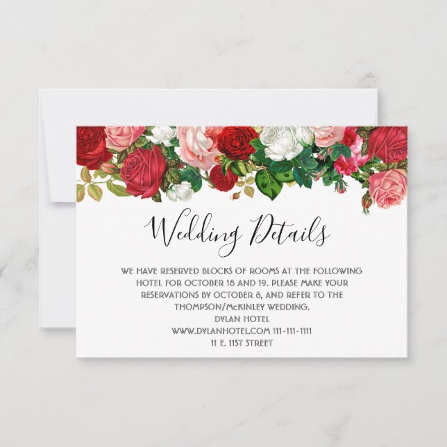 Burgundy Roses Floral Garland Wedding Details RSVP Card (Front)