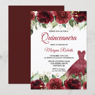 Burgundy Roses Floral Gown Quinceanera Party Invitation