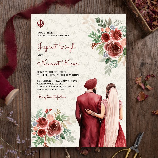Burgundy Roses Floral Indian Punjabi Sikh Wedding Invitation (Creator Uploaded)