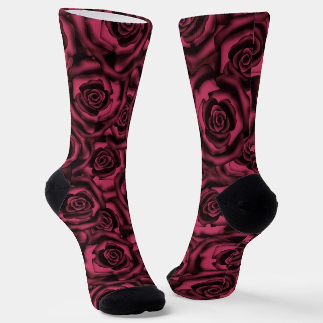 Burgundy Roses Floral pattern Socks (Angled)