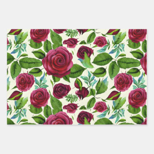 Burgundy Roses Floral Print Wrapping Paper Sheet