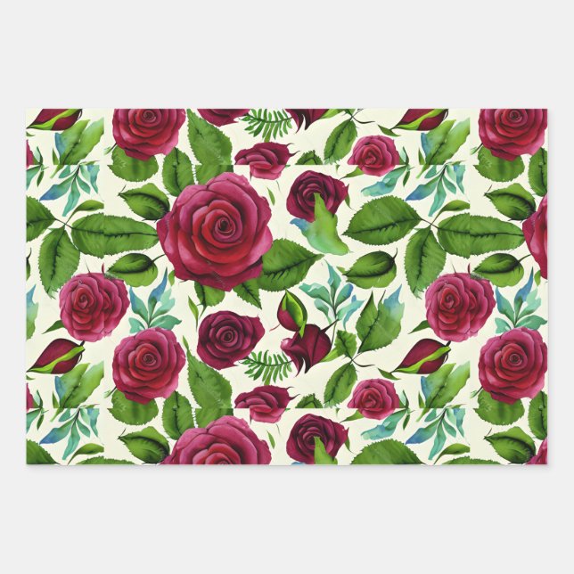 Burgundy Roses Floral Print Wrapping Paper Sheet (Front)