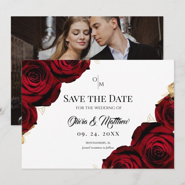 Burgundy Roses Floral Rustic Wedding Save The Date (Front/Back)