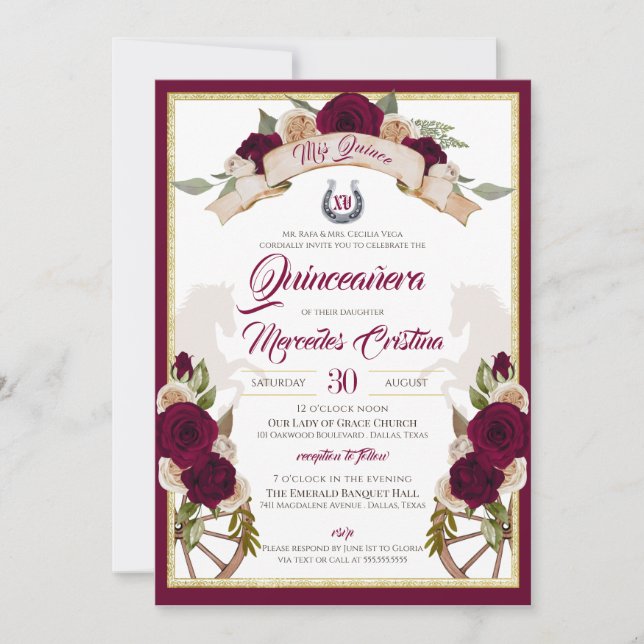 Burgundy Roses Floral Western Charro Quinceanera Invitation (Front)