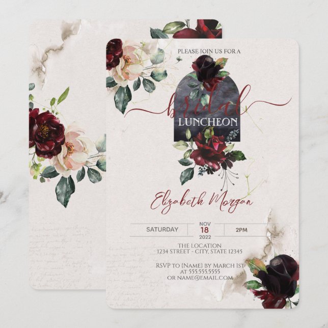 Burgundy Roses Flowers Bridal Luncheon  Invitation (Front/Back)