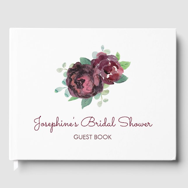 Burgundy Roses Foliage Floral Bridal Shower Guest Book (Front)