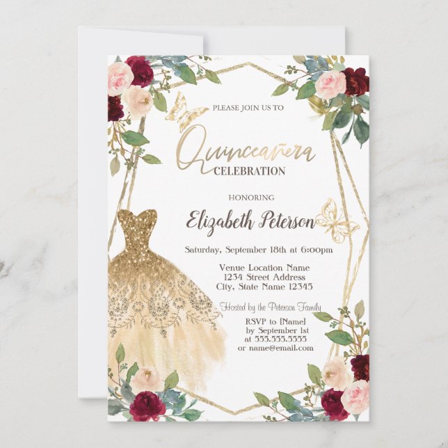 Burgundy Roses Glitter Dress Butterfly Invitation (Front)