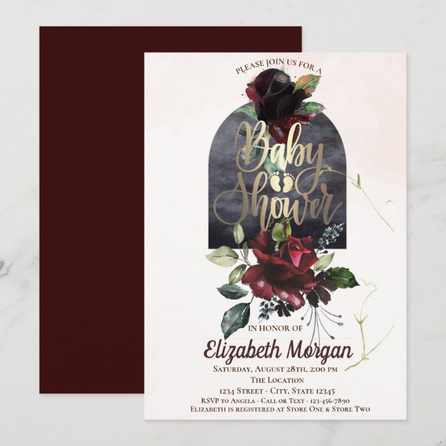 Burgundy Roses Gold Baby Shower Invitation (Front/Back)