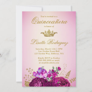 Burgundy Roses Gold Crown Tiara Quinceanera Invitation