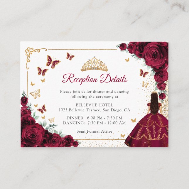 Burgundy Roses Gold Quinceanera Reception Details Enclosure Card (Front)