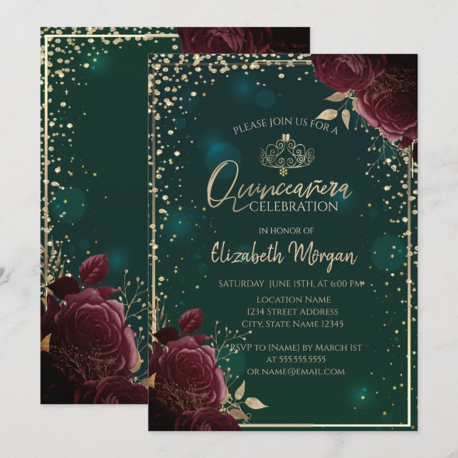 Burgundy Roses,Gold Tiara,Diamonds Quinceañera  Invitation (Front/Back)