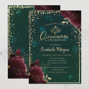 Burgundy Roses,Gold Tiara,Diamonds Quinceañera  Invitation