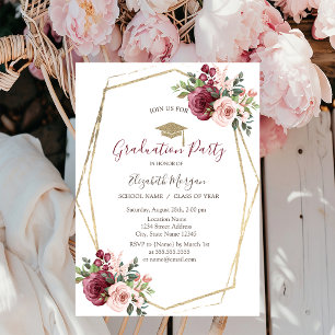 Burgundy Roses,Grad Cap,Graduation  Invitation