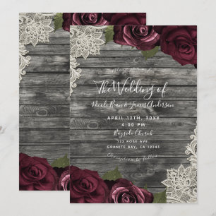 Burgundy Roses Grey Wood Cream Lace Wedding  Invitation