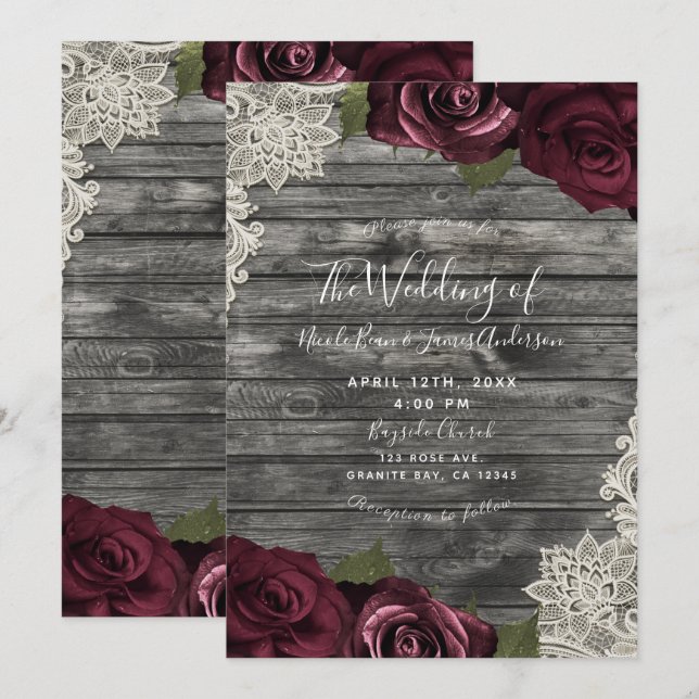 Burgundy Roses Grey Wood Cream Lace Wedding  Invitation (Front/Back)