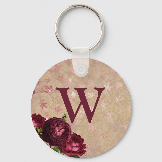 Burgundy Roses Initial Monogram Key Chain (Front)