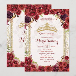 Burgundy Roses Mexican Charra 15 Anos Invitation