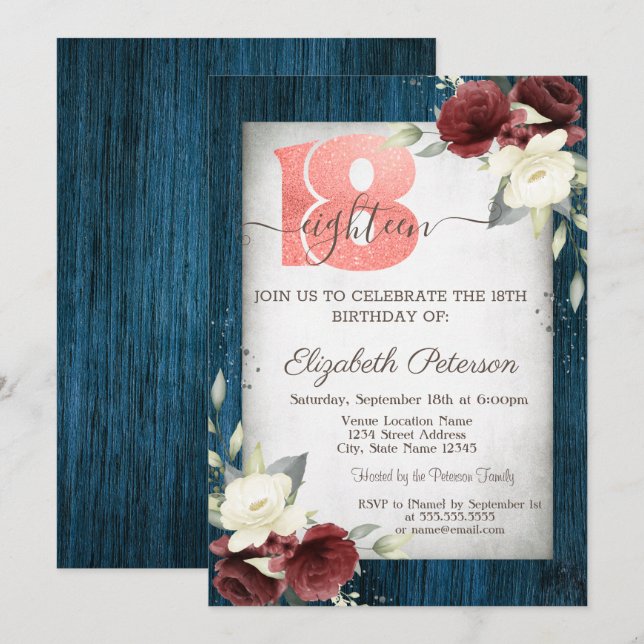 Burgundy Roses Navy Blue Wood 18th Birthday  Invitation (Front/Back)