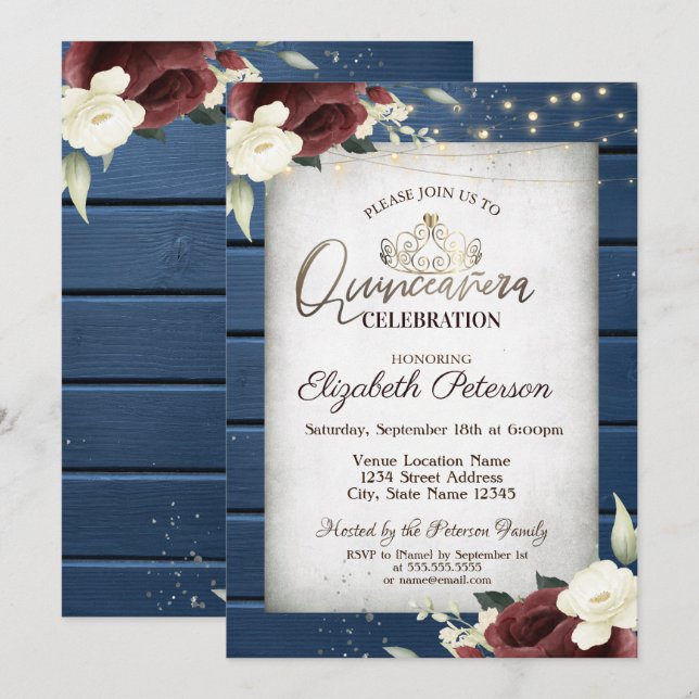 Burgundy Roses,Navy Blue Wood Quinceañera  Invitation (Front/Back)