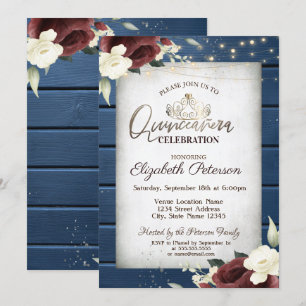 Burgundy Roses,Navy Blue Wood Quinceañera Invitation