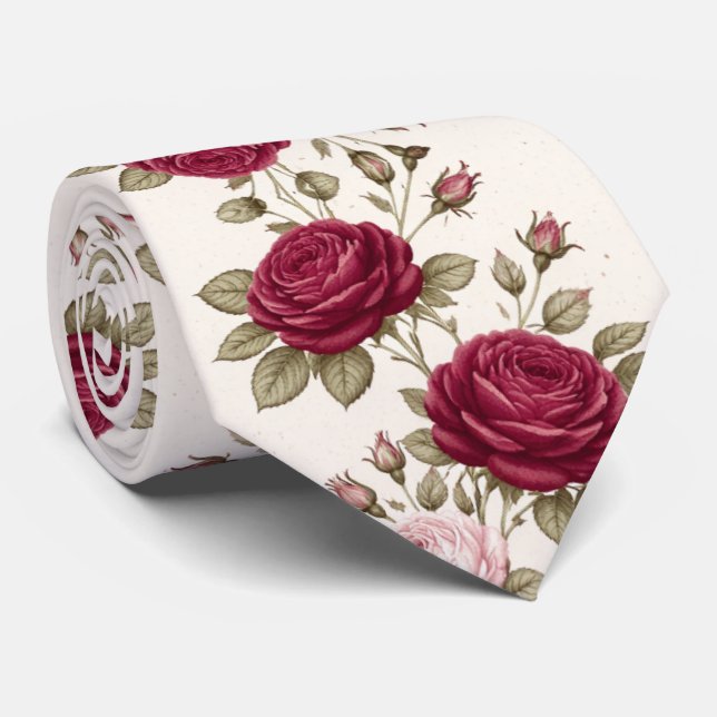 Burgundy Roses On Ivory Background Tie (Rolled)