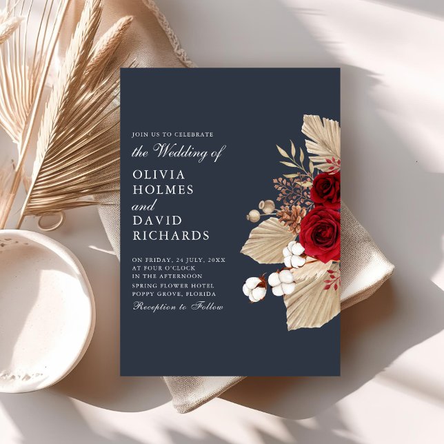 Burgundy Roses on Midnight Blue Wedding Invitation (Burgundy Roses on Midnight Blue Wedding Invitation on a boho table with dry palm leaf.)