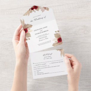 Burgundy Roses & Pampas Grass Wedding All In One Invitation