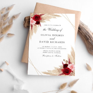 Burgundy Roses Pampas Grass Wedding Invitation
