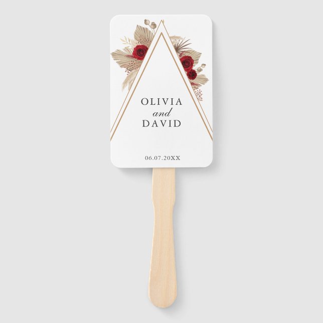Burgundy Roses & Pampas Grass Wedding Program Hand Fan (Front)