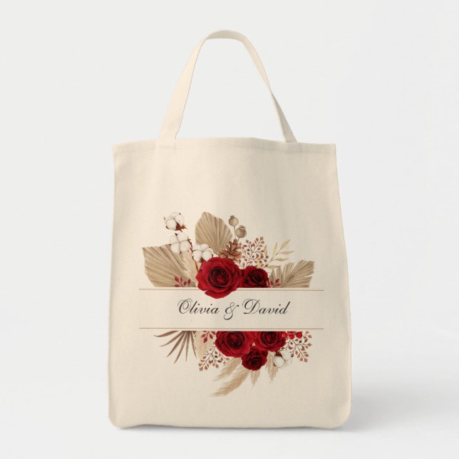 Burgundy Roses & Pampas Grass Wedding Tote Bag (Front)
