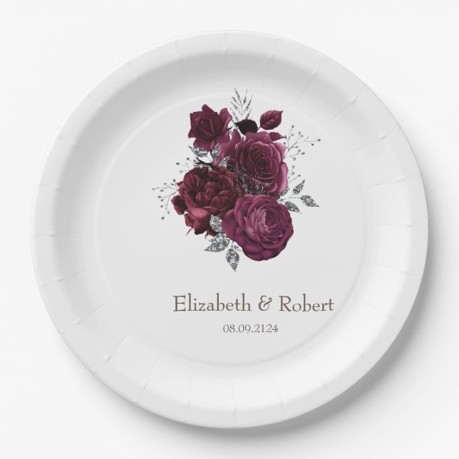 Burgundy Roses Paper Plate (Front)